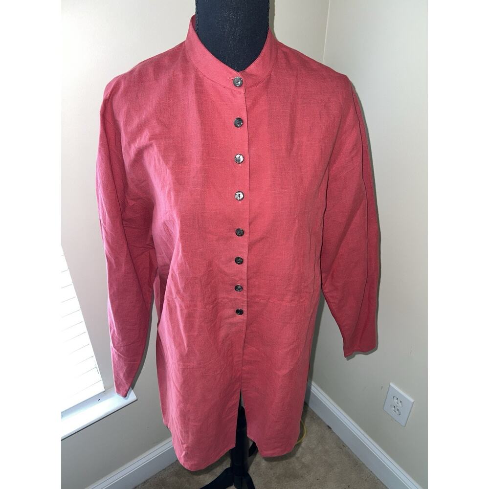 SILX 100% LINEN RED COLLARLESS LADIES SHIRT SZ 3P LONG SLEEVE